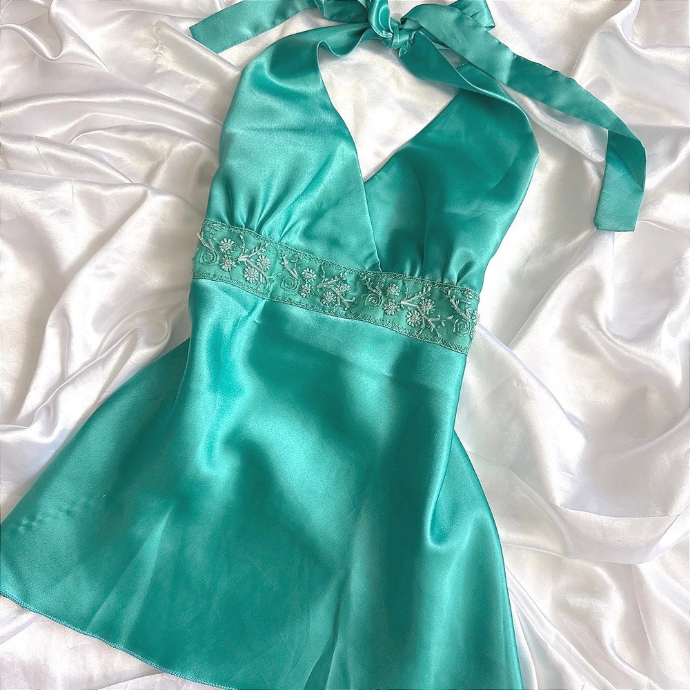 Lipstick Teal Satin Halter Top Y2K Beaded Floral Empire Waist Size S